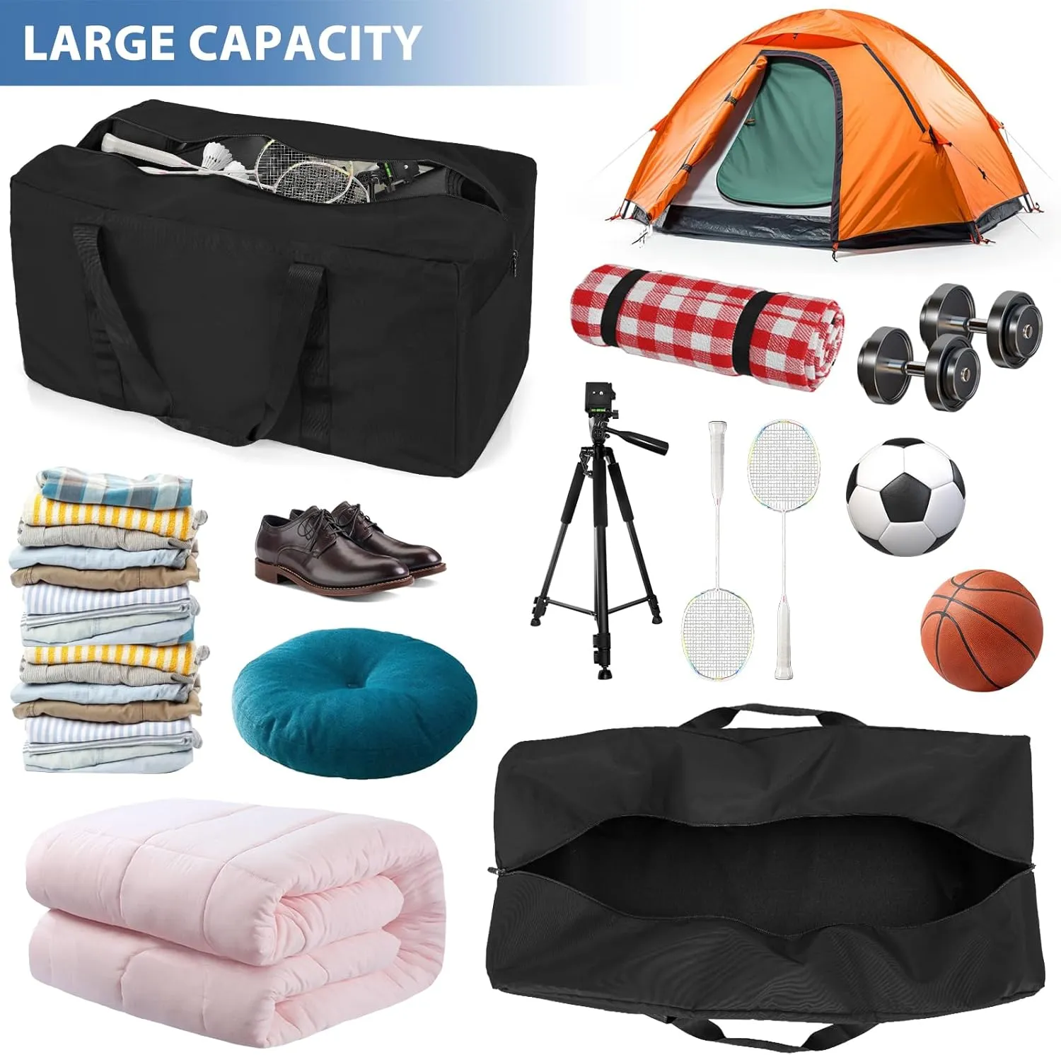 Large Travel Duffle Bag, 100L Gear Bag for Men and Women, Storage Bag Ideal for Overnight Camping and Weekend Getaways, Black
