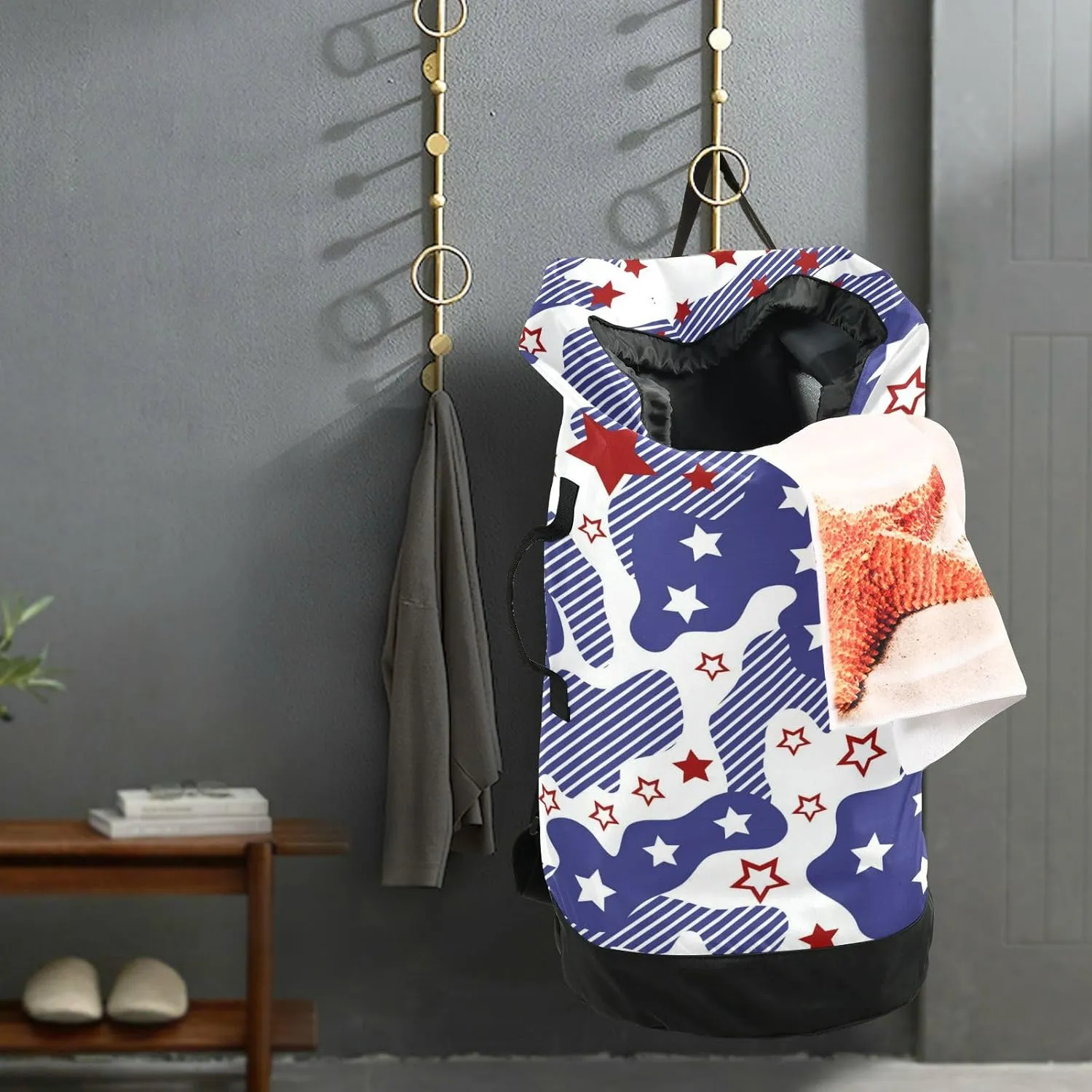 Laundry Bag Backpack Travel Hanging Laundry Bags Extra Large Heavy Clothes Backpack for College Dorm Gym Blue Stars
