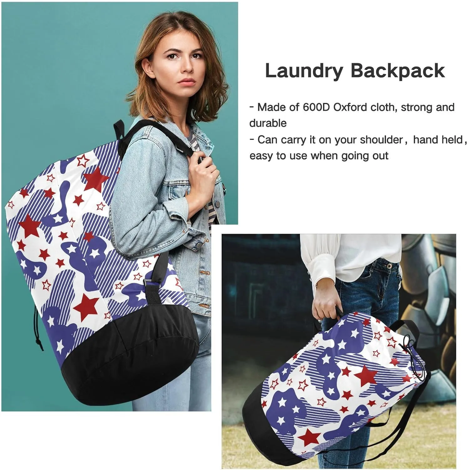 Laundry Bag Backpack Travel Hanging Laundry Bags Extra Large Heavy Clothes Backpack for College Dorm Gym Blue Stars