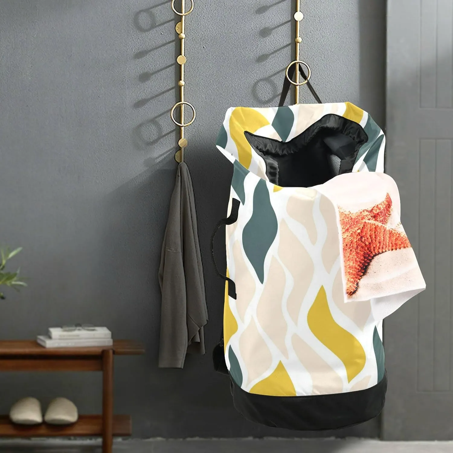 Laundry Bag Backpack Travel Hanging Laundry Bags Extra Large Heavy Duty with Handles Adjusted Shoulder Straps Drawstring Dirty Clothes Backpack For College Dorm Gym Hotel Beige Wavy Line