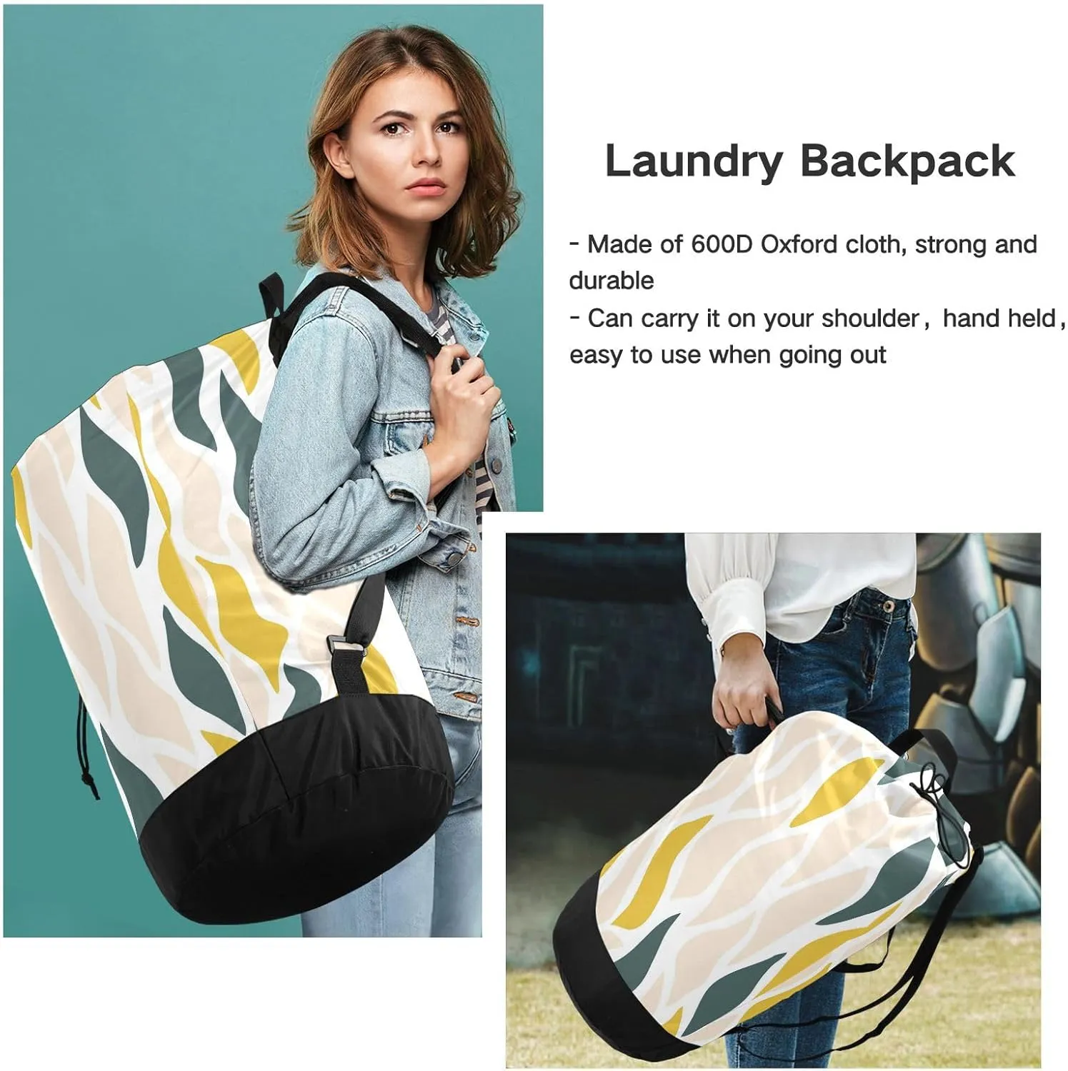 Laundry Bag Backpack Travel Hanging Laundry Bags Extra Large Heavy Duty with Handles Adjusted Shoulder Straps Drawstring Dirty Clothes Backpack For College Dorm Gym Hotel Beige Wavy Line