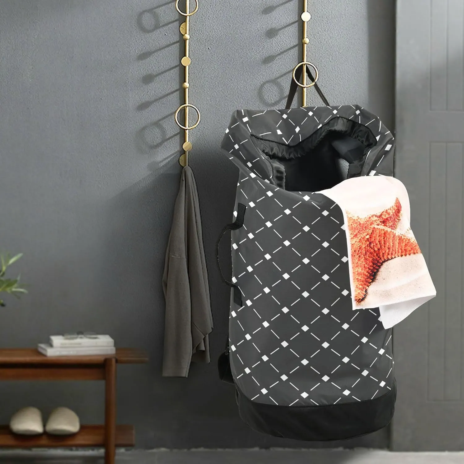 Laundry Bag Backpack Travel Hanging Laundry Bags Extra Large Heavy Duty with Handles Adjusted Shoulder Straps Drawstring Dirty Clothes Backpack For College Dorm Gym Hotel Black Plaid Pattern