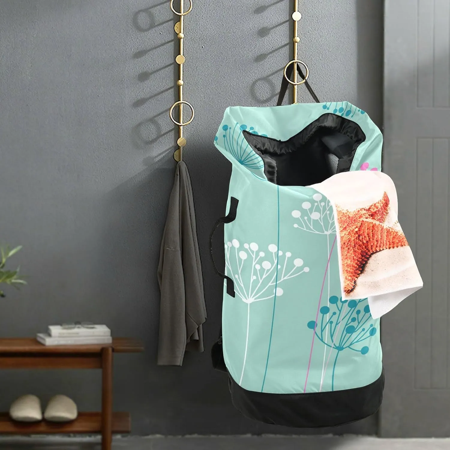 Laundry Bag Backpack Travel Hanging Laundry Bags Extra Large Heavy Duty with Handles Adjusted Shoulder Straps Drawstring Dirty Clothes Backpack For College Dorm Gym Hotel Blue Flowers