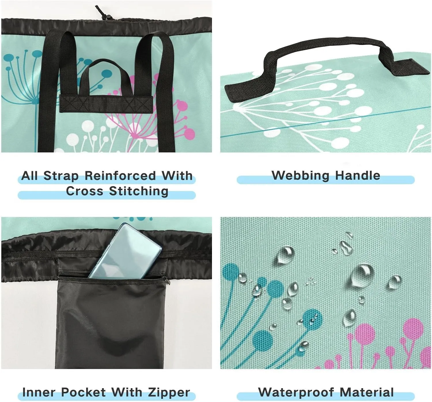 Laundry Bag Backpack Travel Hanging Laundry Bags Extra Large Heavy Duty with Handles Adjusted Shoulder Straps Drawstring Dirty Clothes Backpack For College Dorm Gym Hotel Blue Flowers