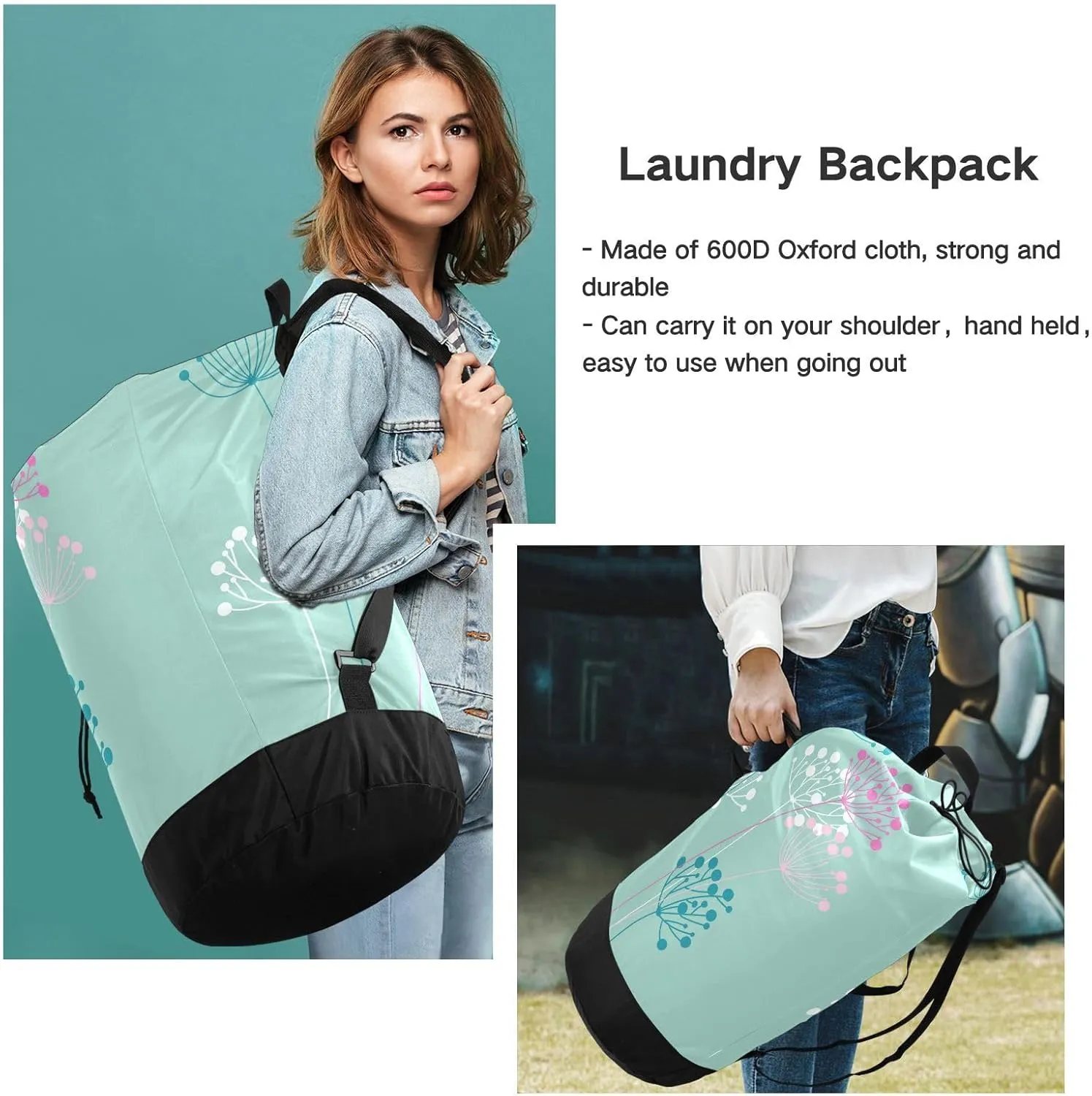 Laundry Bag Backpack Travel Hanging Laundry Bags Extra Large Heavy Duty with Handles Adjusted Shoulder Straps Drawstring Dirty Clothes Backpack For College Dorm Gym Hotel Blue Flowers