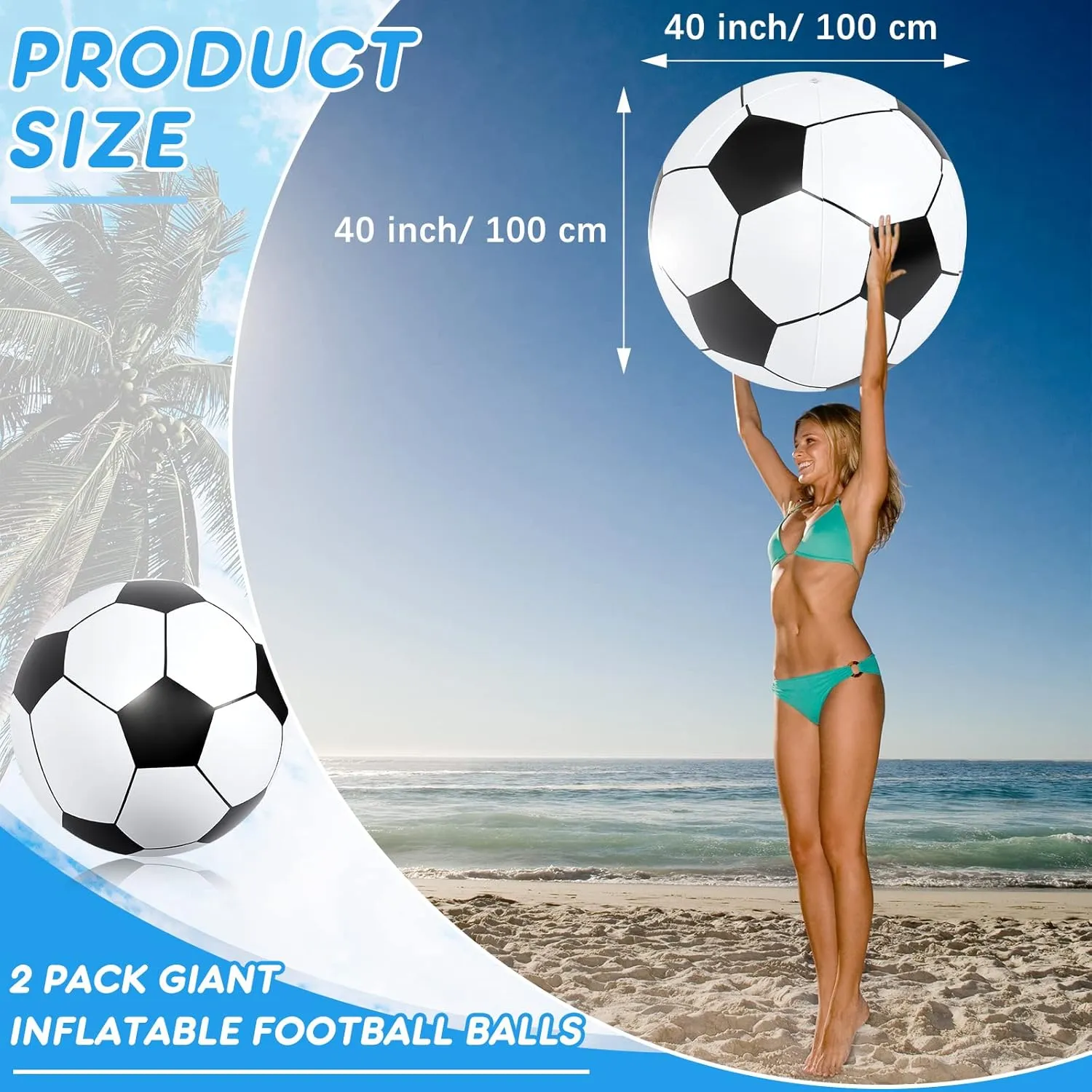 Lewtemi 2 Pcs 40 Inch Giant Inflatable Soccer Ball Large Huge Beach Balloons Football Sport Birthday Party Decoration Favor Graduation Kid Gift Pool Toys for Outdoor Activity Games
