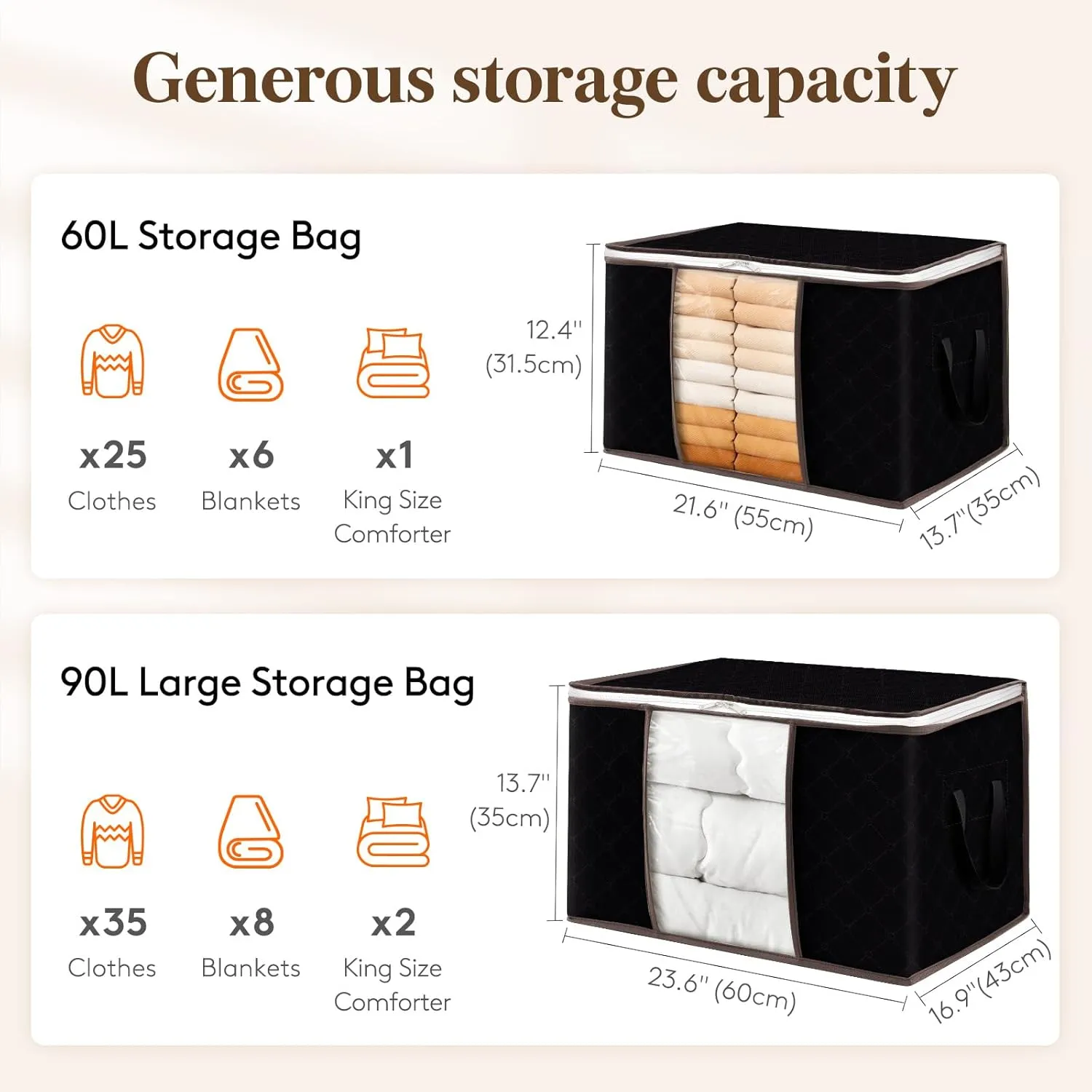 Lifewit 4 Pack Clothes Storage, Foldable Storage and Organization, Storage Bins with Lids, Blanket Storage with Clear Window, Closet Storage with Reinforced Handles for Clothing, Bedding, Black