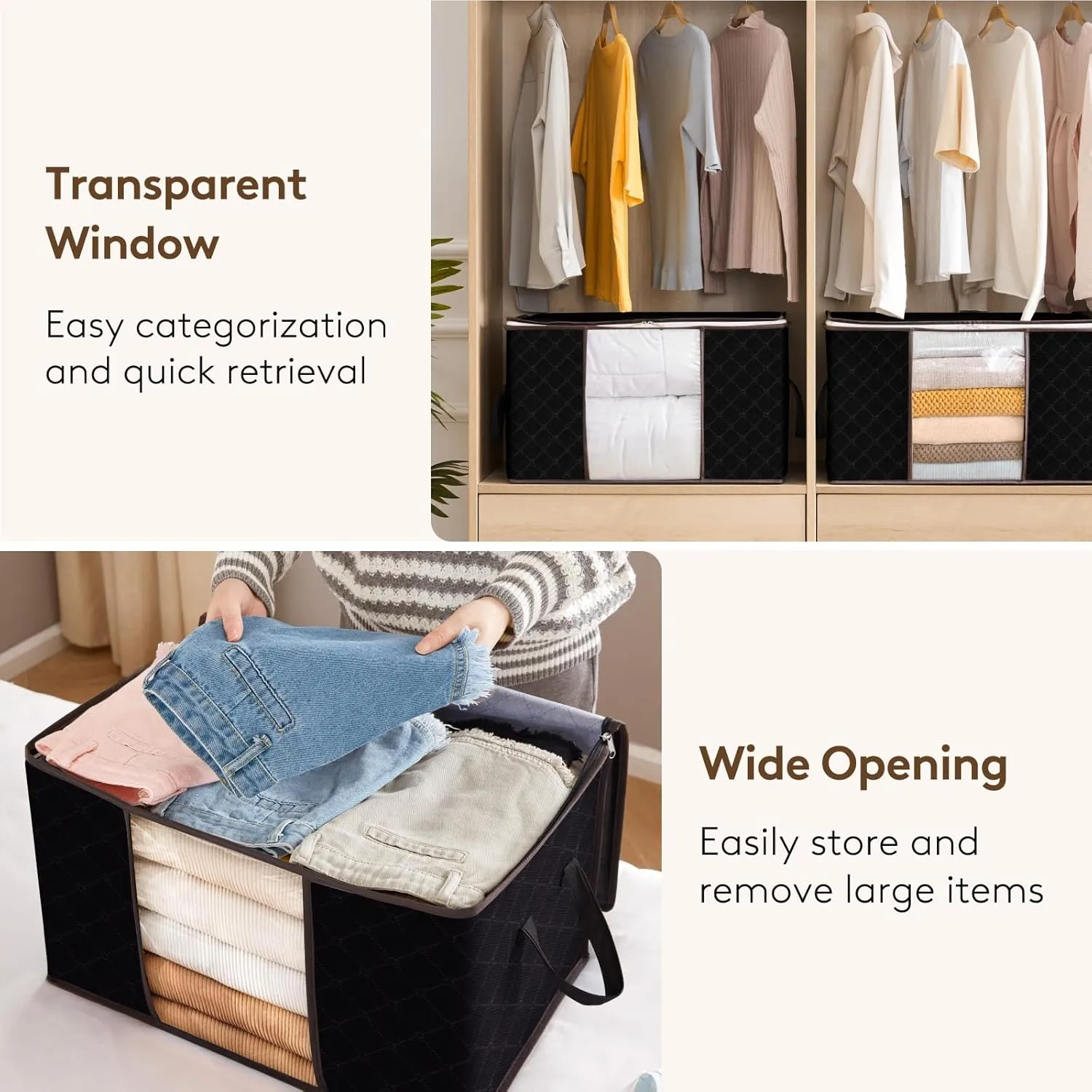Lifewit 4 Pack Clothes Storage, Foldable Storage and Organization, Storage Bins with Lids, Blanket Storage with Clear Window, Closet Storage with Reinforced Handles for Clothing, Bedding, Black