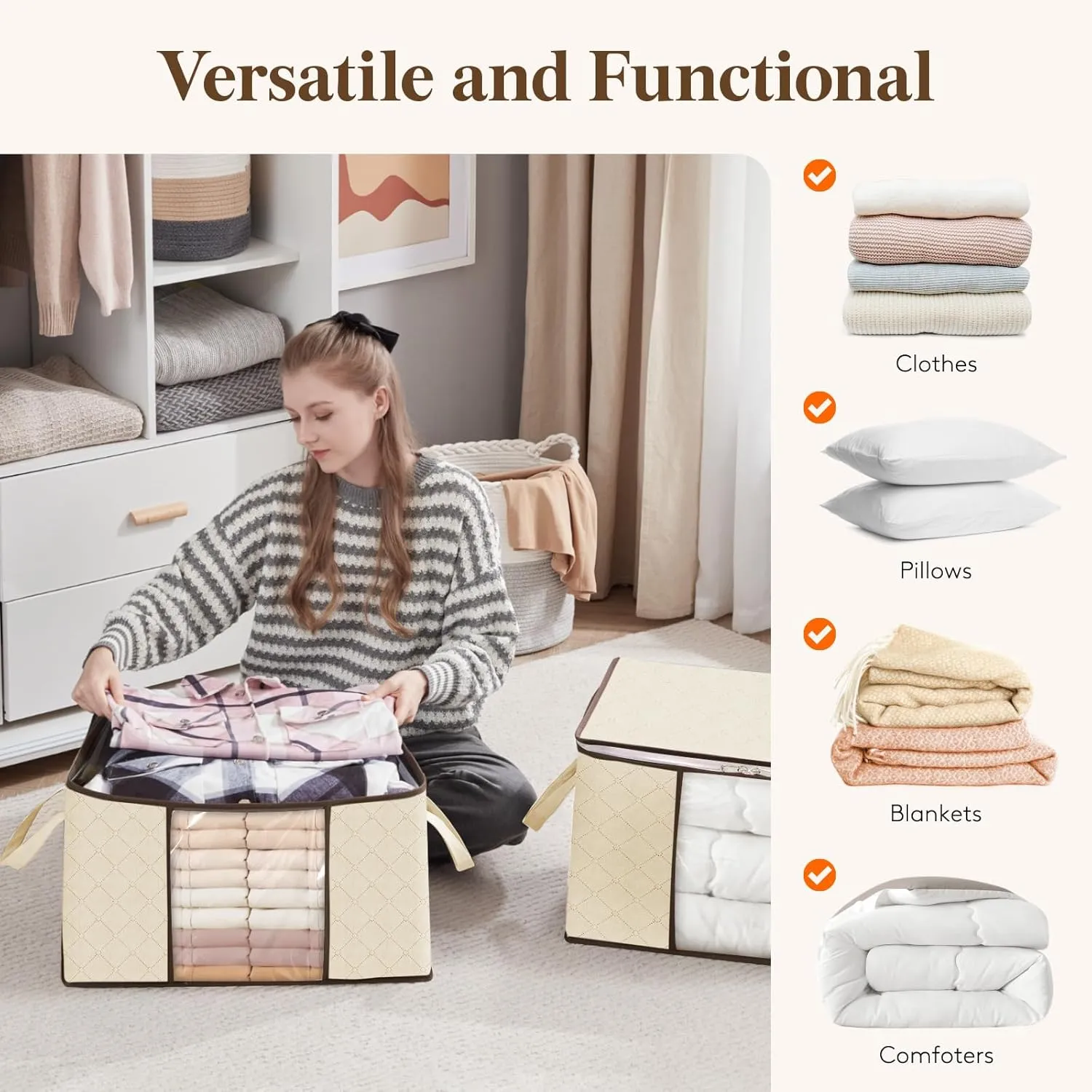 Lifewit 90L Large Storage Bags, 6 Pack Closet Organizers and Storage, Clothes Storage Bins with Lids, Foldable Storage Containers with Reinforced Handles for Clothing Blanket Bedding Comforter Beige