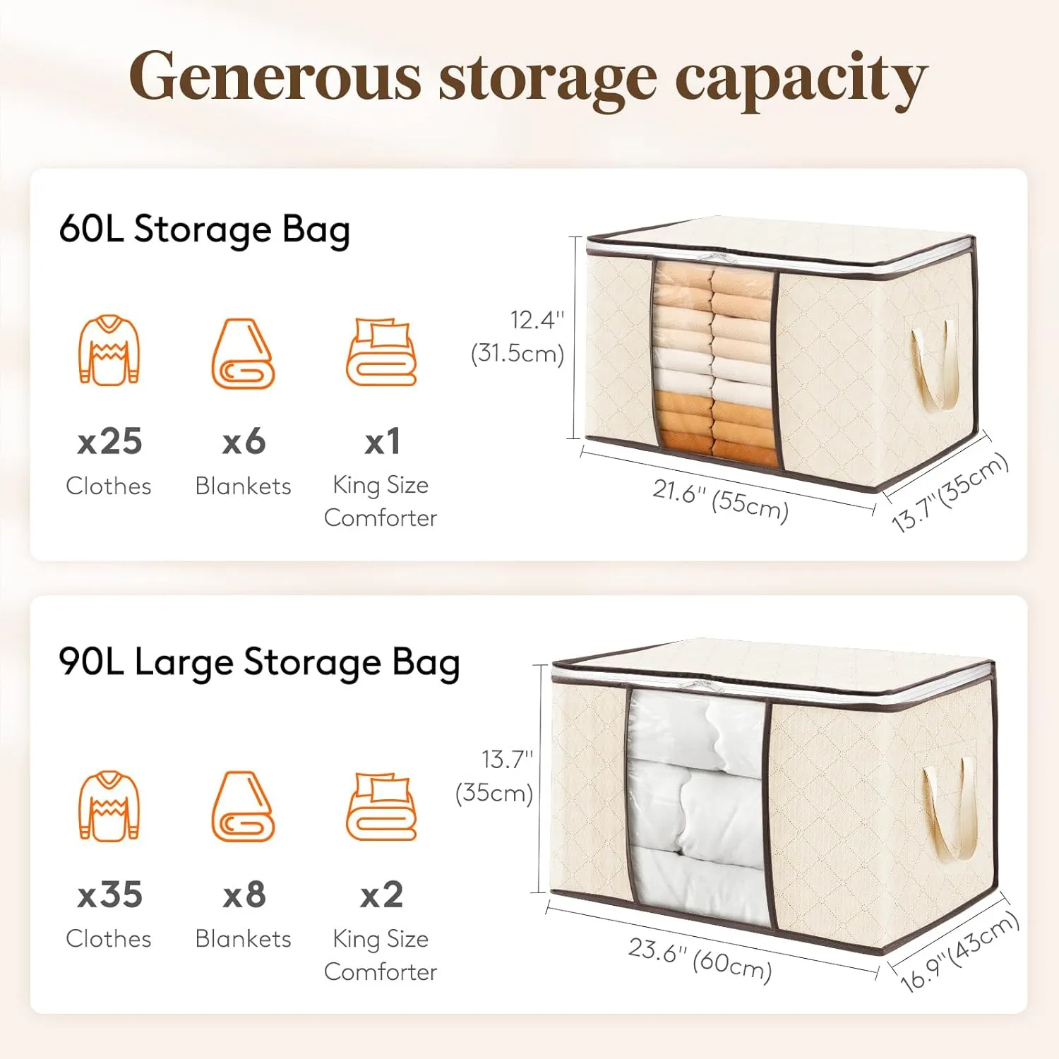 Lifewit 90L Large Storage Bags, 6 Pack Closet Organizers and Storage, Clothes Storage Bins with Lids, Foldable Storage Containers with Reinforced Handles for Clothing Blanket Bedding Comforter Beige