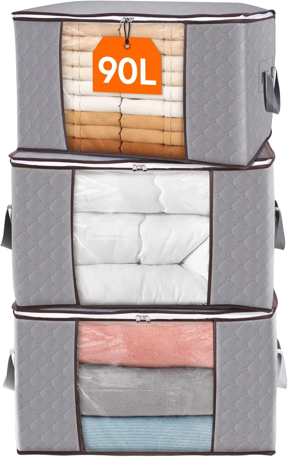 Lifewit 90L Large Storage Bags, Closet Organizers and Storage, Clothes Storage Bins with Lids, Foldable Storage Containers with Reinforced Handles for Clothing, Blanket, Comforter 3 Pack Light Gray