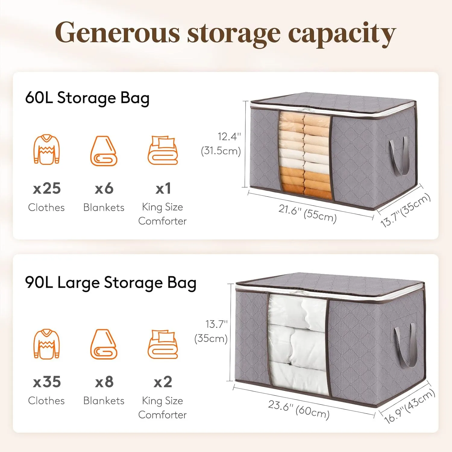 Lifewit 90L Large Storage Bags, Closet Organizers and Storage, Clothes Storage Bins with Lids, Foldable Storage Containers with Reinforced Handles for Clothing, Blanket, Comforter 3 Pack Light Gray