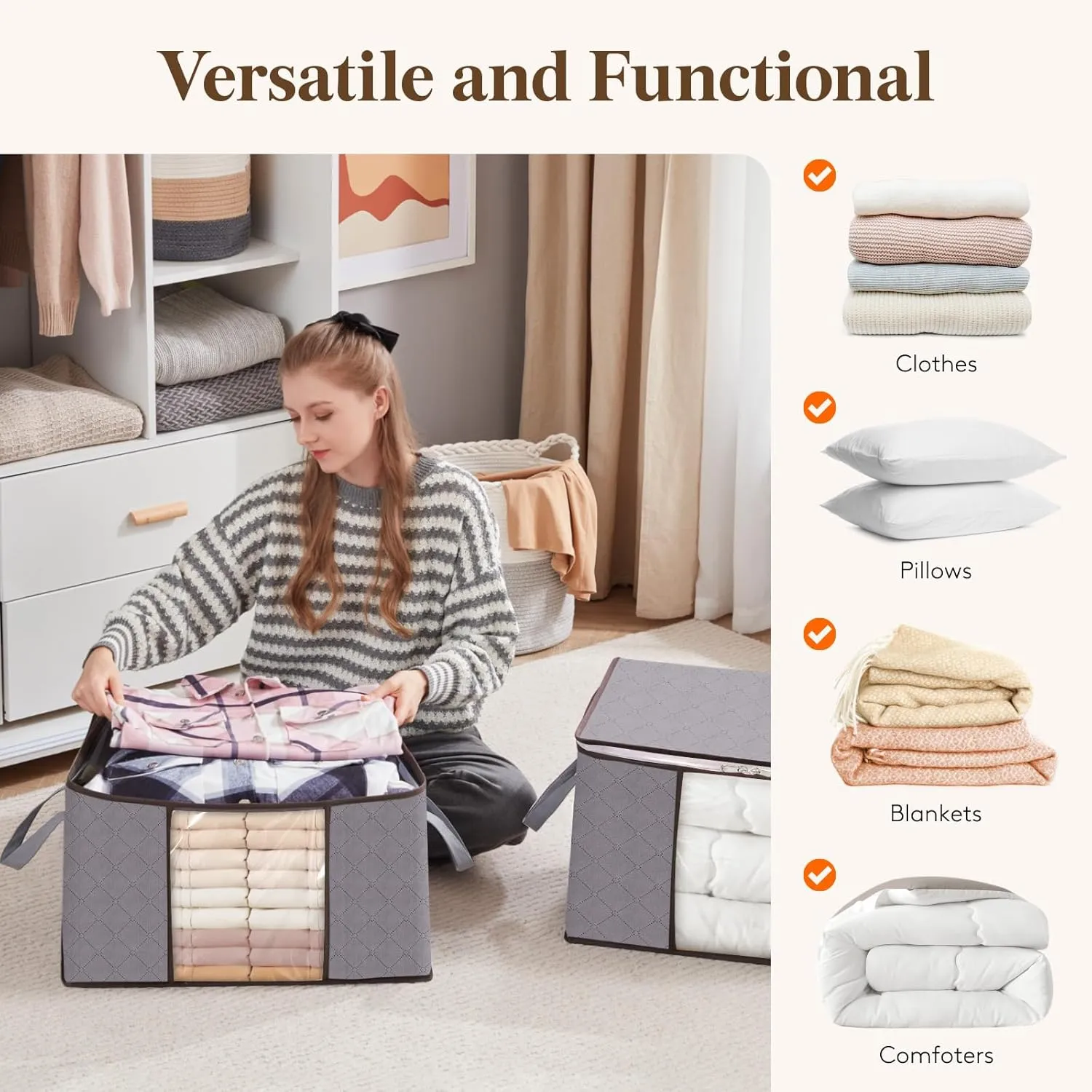 Lifewit 90L Large Storage Bags, Closet Organizers and Storage, Clothes Storage Bins with Lids, Foldable Storage Containers with Reinforced Handles for Clothing, Blanket, Comforter 3 Pack Light Gray