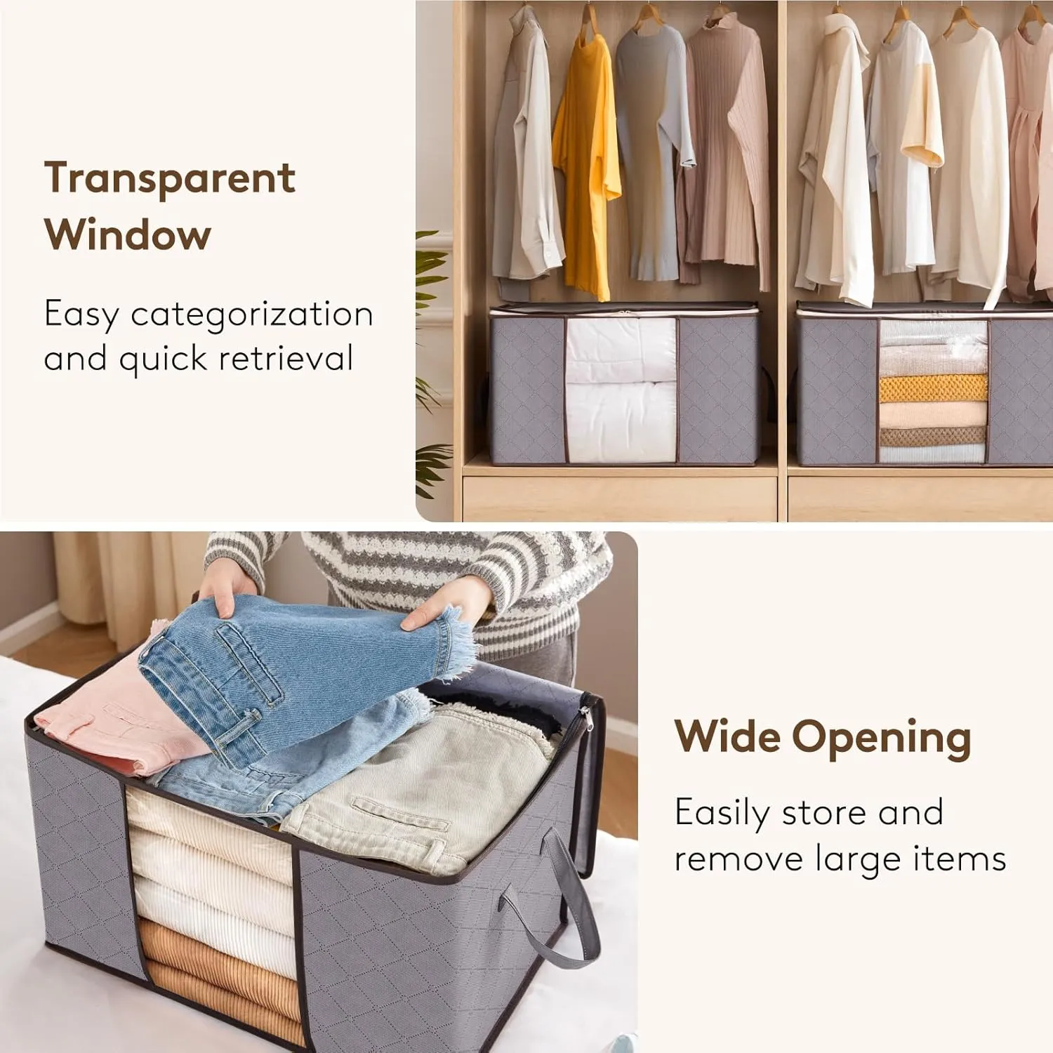 Lifewit 90L Large Storage Bags, Closet Organizers and Storage, Clothes Storage Bins with Lids, Foldable Storage Containers with Reinforced Handles for Clothing, Blanket, Comforter 3 Pack Light Gray