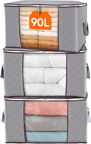 Lifewit 90L Large Storage Bags, Closet Organizers and Storage, Clothes Storage Bins with Lids, Foldable Storage Containers with Reinforced Handles for Clothing, Blanket, Comforter 3 Pack Light Gray