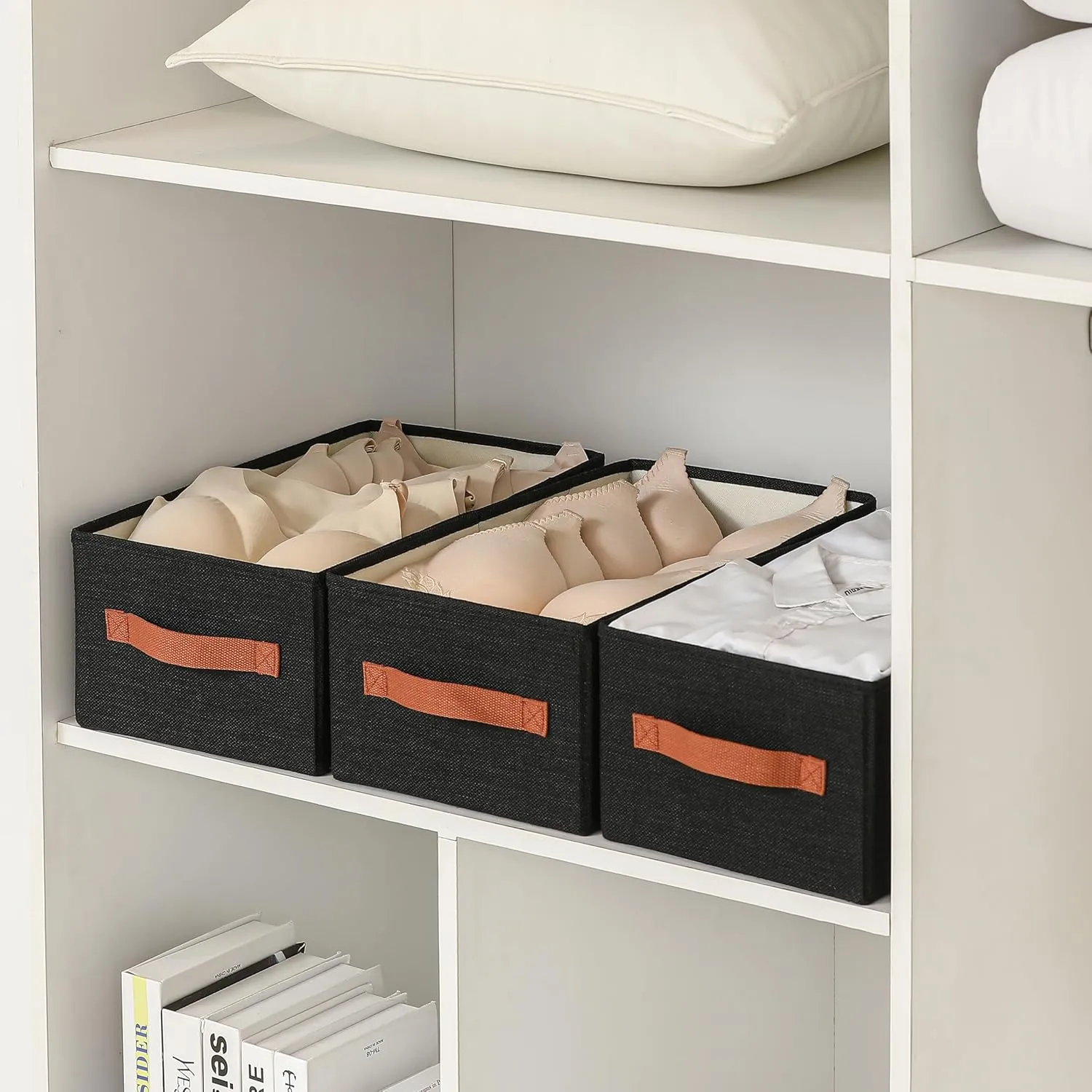 Linen Folding Storage Bins, 3 Pack Large Storage Baskets, Washable, Clothing Storage Bins with Handle, Closet Organizer for Storage Sweater,Sheets (Black, 16"x9½"x6¾")