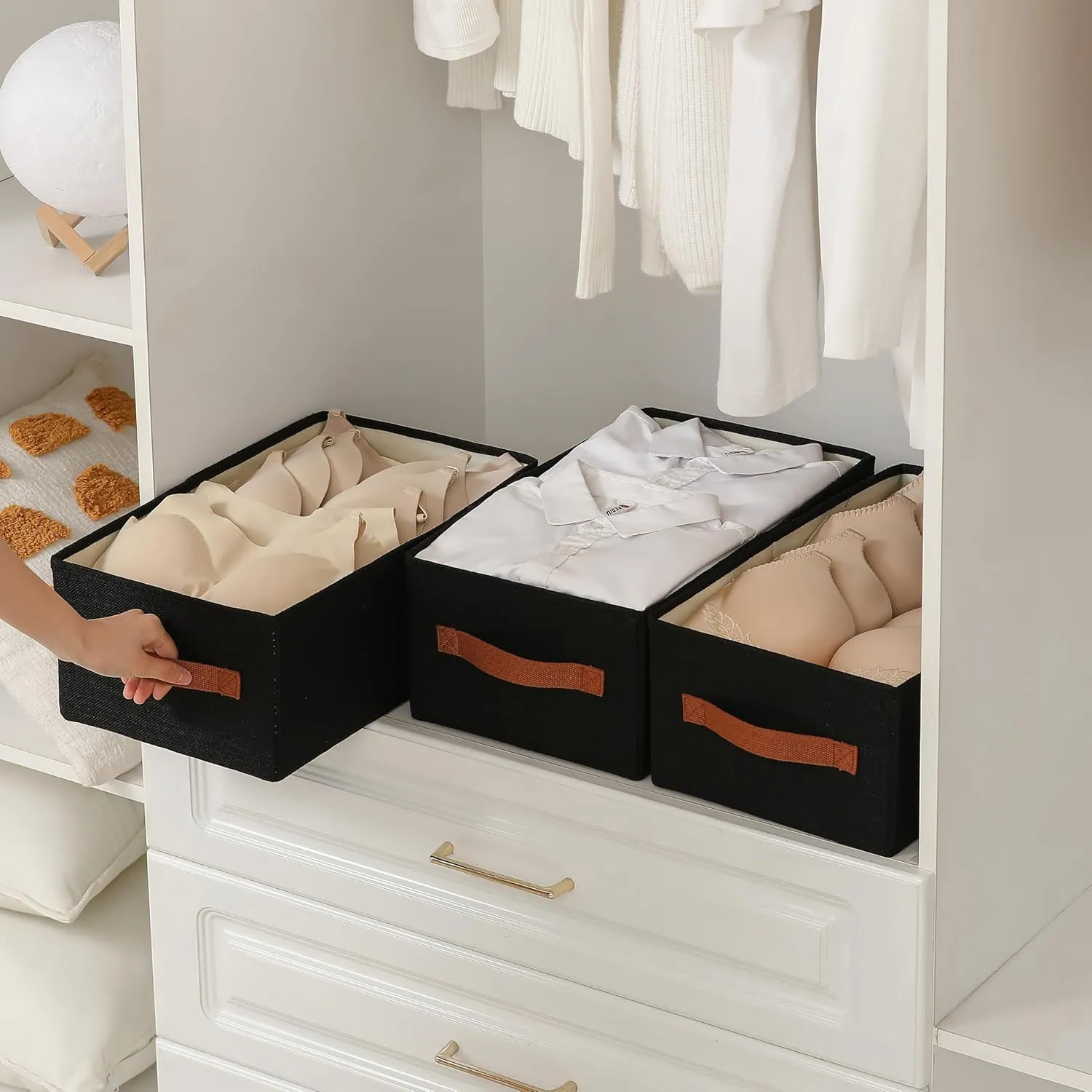 Linen Folding Storage Bins, 3 Pack Large Storage Baskets, Washable, Clothing Storage Bins with Handle, Closet Organizer for Storage Sweater,Sheets (Black, 16"x9½"x6¾")