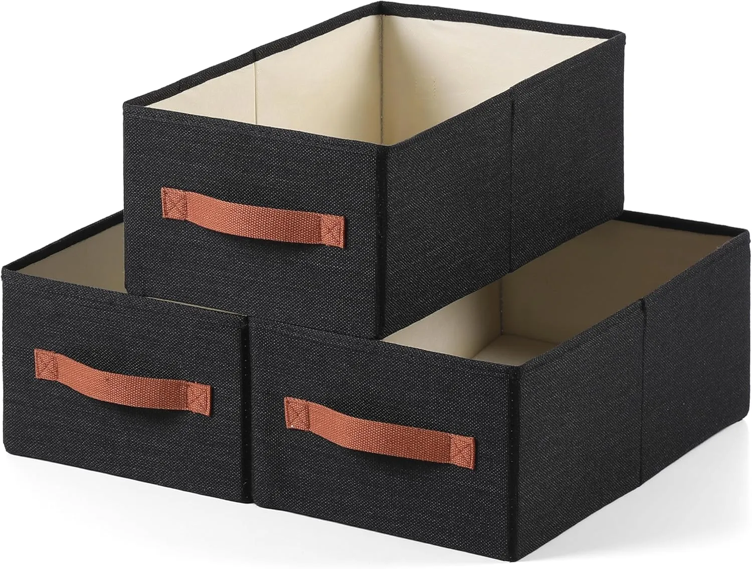 Linen Folding Storage Bins, 3 Pack Large Storage Baskets, Washable, Clothing Storage Bins with Handle, Closet Organizer for Storage Sweater,Sheets (Black, 16"x9½"x6¾")