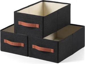 Linen Folding Storage Bins, 3 Pack Large Storage Baskets, Washable, Clothing Storage Bins with Handle, Closet Organizer for Storage Sweater,Sheets (Black, 16"x9½"x6¾")
