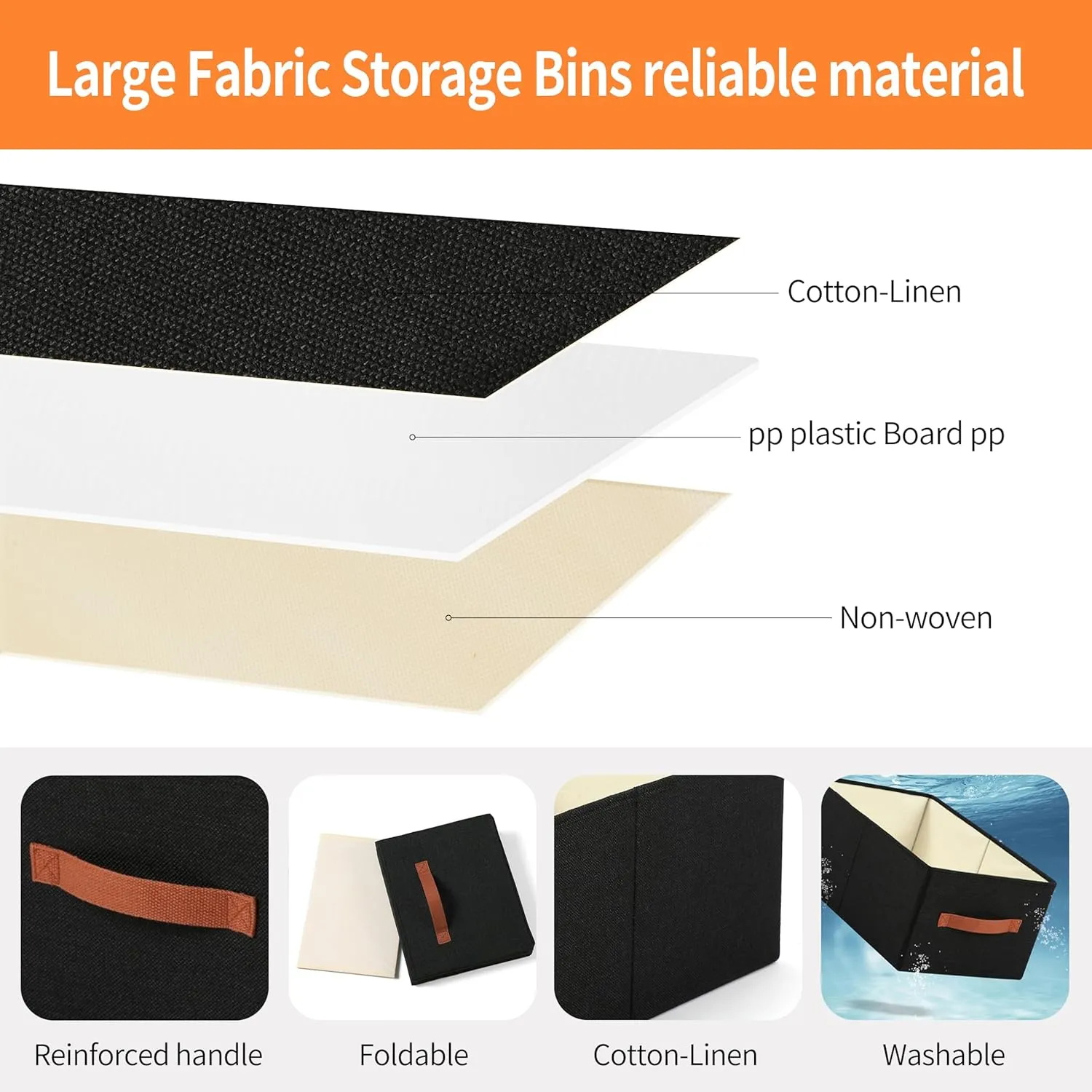 Linen Folding Storage Bins, 3 Pack Large Storage Baskets, Washable, Clothing Storage Bins with Handle, Closet Organizer for Storage Sweater,Sheets (Black, 16"x9½"x6¾")