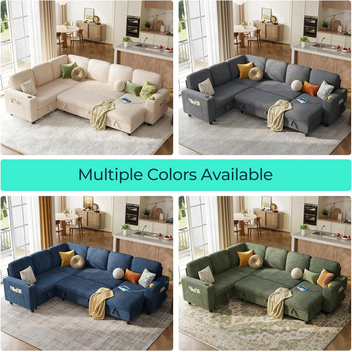 LINSY HOME Sectional Sleeper Sofa with Pull Out Couch Bed - Convertible Plush Corduroy Cloud Couch with Storage Chaise & USB Charging, Oversized Comfy Modular Couches for Living Room, Beige