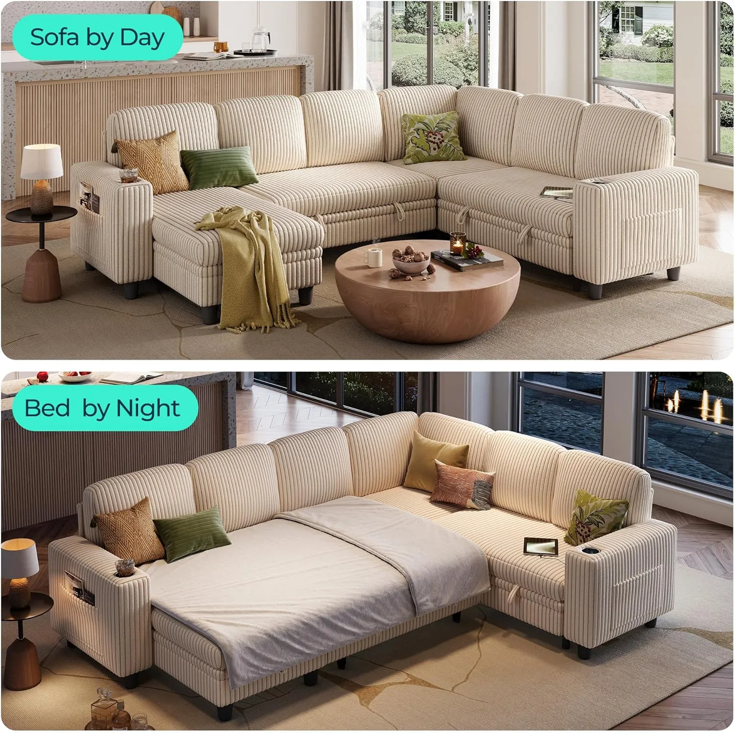 LINSY HOME Sectional Sleeper Sofa with Pull Out Couch Bed - Convertible Plush Corduroy Cloud Couch with Storage Chaise & USB Charging, Oversized Comfy Modular Couches for Living Room, Beige