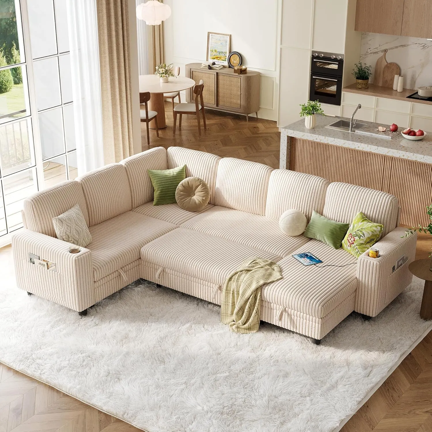 LINSY HOME Sectional Sleeper Sofa with Pull Out Couch Bed - Convertible Plush Corduroy Cloud Couch with Storage Chaise & USB Charging, Oversized Comfy Modular Couches for Living Room, Beige