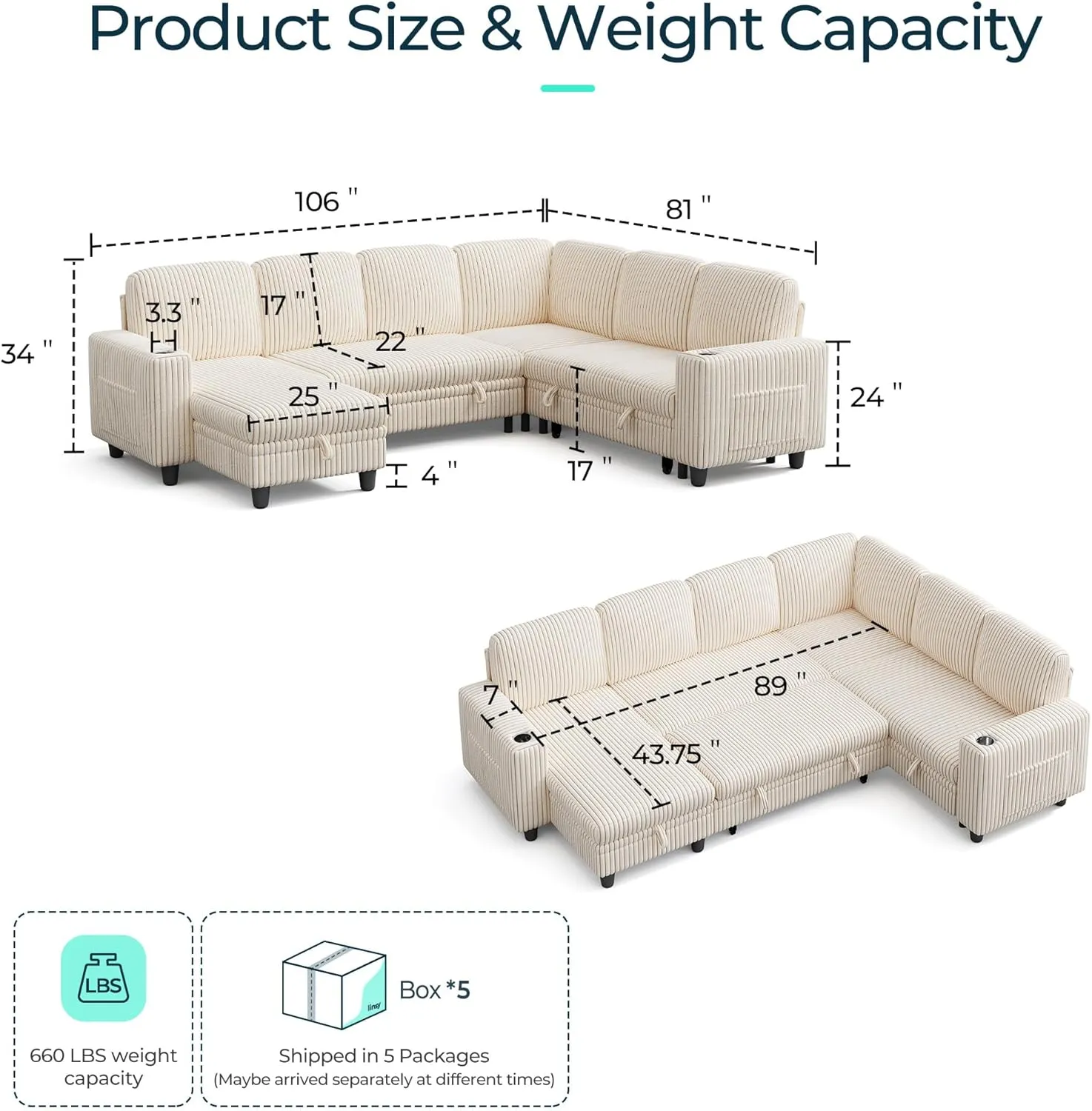 LINSY HOME Sectional Sleeper Sofa with Pull Out Couch Bed - Convertible Plush Corduroy Cloud Couch with Storage Chaise & USB Charging, Oversized Comfy Modular Couches for Living Room, Beige