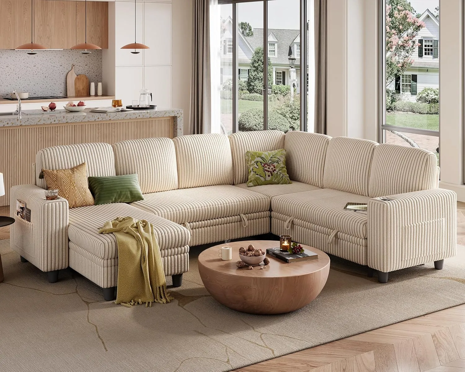 LINSY HOME Sectional Sleeper Sofa with Pull Out Couch Bed - Convertible Plush Corduroy Cloud Couch with Storage Chaise & USB Charging, Oversized Comfy Modular Couches for Living Room, Beige
