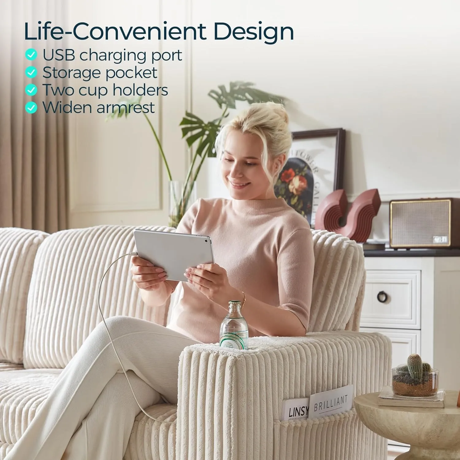 LINSY HOME Sectional Sleeper Sofa with Pull Out Couch Bed - Convertible Plush Corduroy Cloud Couch with Storage Chaise & USB Charging, Oversized Comfy Modular Couches for Living Room, Beige
