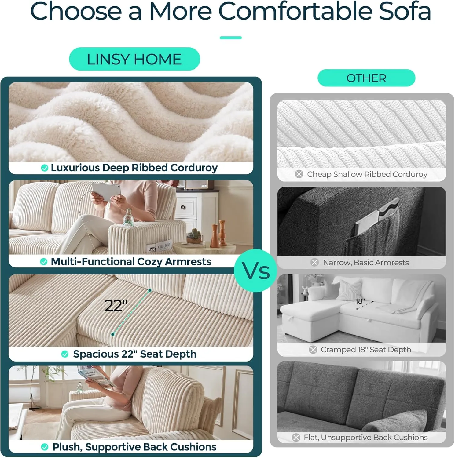 LINSY HOME Sectional Sleeper Sofa with Pull Out Couch Bed - Convertible Plush Corduroy Cloud Couch with Storage Chaise & USB Charging, Oversized Comfy Modular Couches for Living Room, Beige