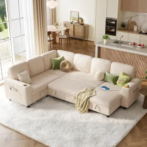 LINSY HOME Sectional Sleeper Sofa with Pull Out Couch Bed - Convertible Plush Corduroy Cloud Couch with Storage Chaise & USB Charging, Oversized Comfy Modular Couches for Living Room, Beige