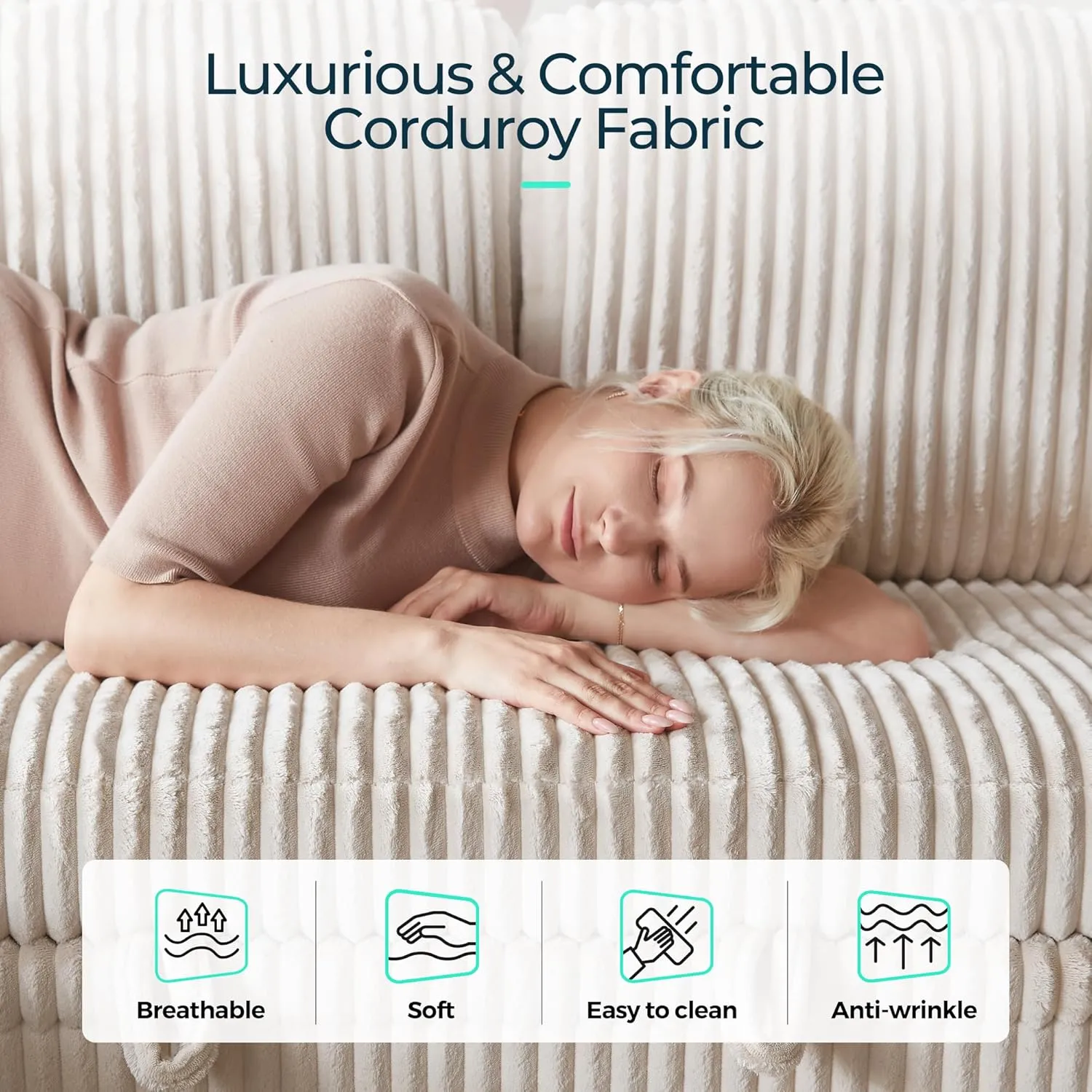 LINSY HOME Sectional Sleeper Sofa with Pull Out Couch Bed - Convertible Plush Corduroy Cloud Couch with Storage Chaise & USB Charging, Oversized Comfy Modular Couches for Living Room, Beige