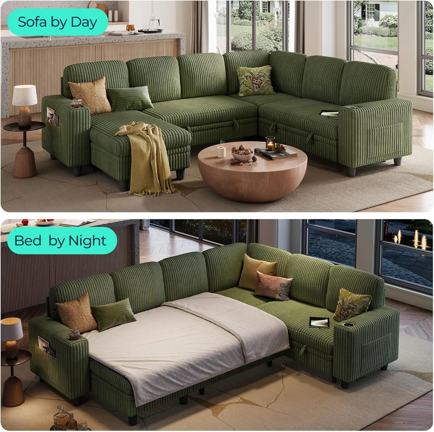 LINSY HOME Sectional Sleeper Sofa with Pull Out Couch Bed - Convertible Plush Corduroy Cloud Couch with Storage Chaise & USB Charging, Oversized Comfy Modular Couches for Living Room, Green