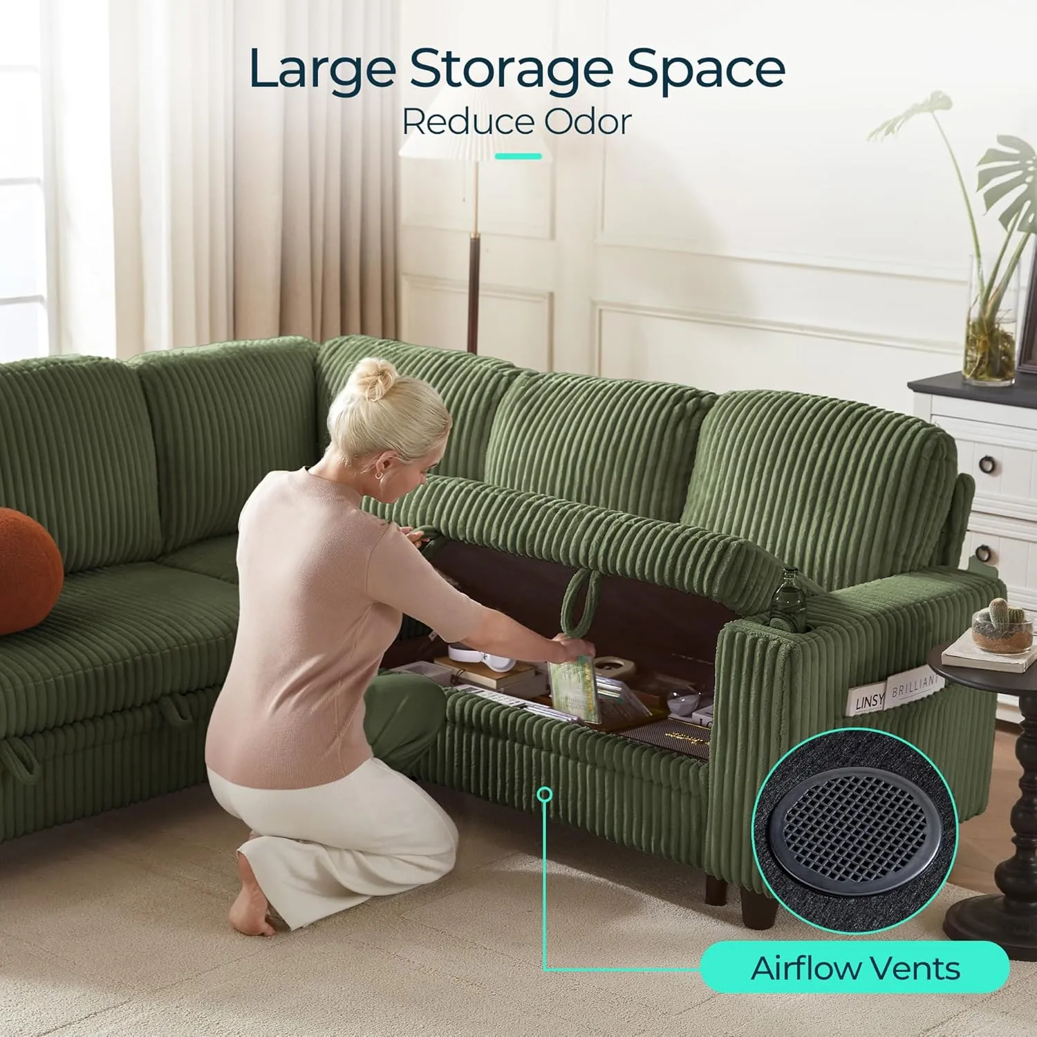 LINSY HOME Sectional Sleeper Sofa with Pull Out Couch Bed - Convertible Plush Corduroy Cloud Couch with Storage Chaise & USB Charging, Oversized Comfy Modular Couches for Living Room, Green