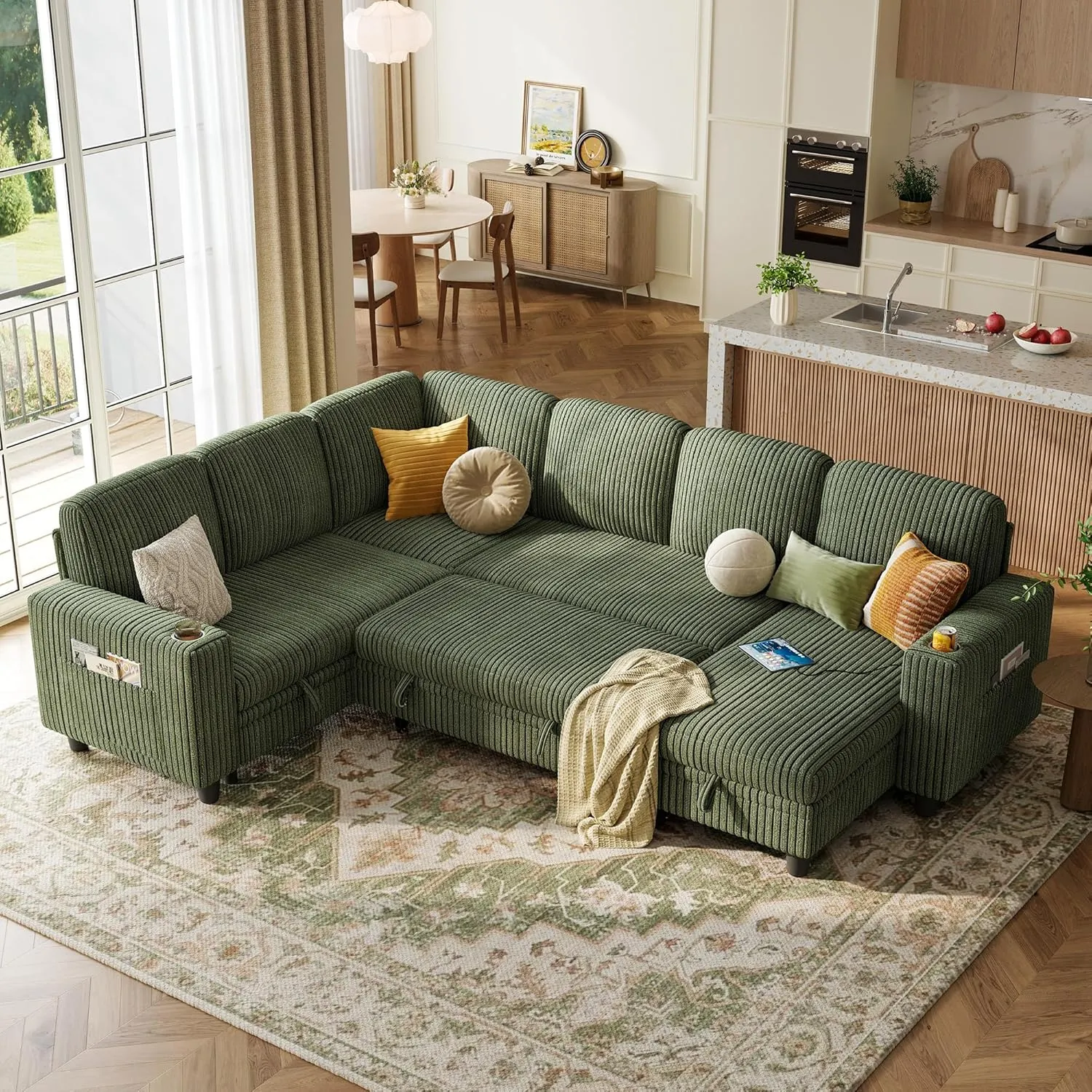 LINSY HOME Sectional Sleeper Sofa with Pull Out Couch Bed - Convertible Plush Corduroy Cloud Couch with Storage Chaise & USB Charging, Oversized Comfy Modular Couches for Living Room, Green