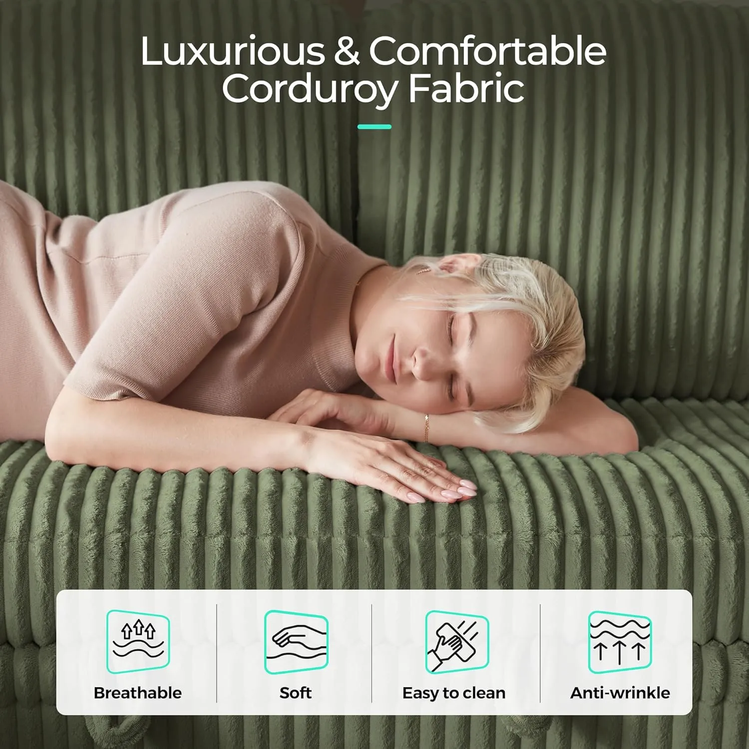 LINSY HOME Sectional Sleeper Sofa with Pull Out Couch Bed - Convertible Plush Corduroy Cloud Couch with Storage Chaise & USB Charging, Oversized Comfy Modular Couches for Living Room, Green