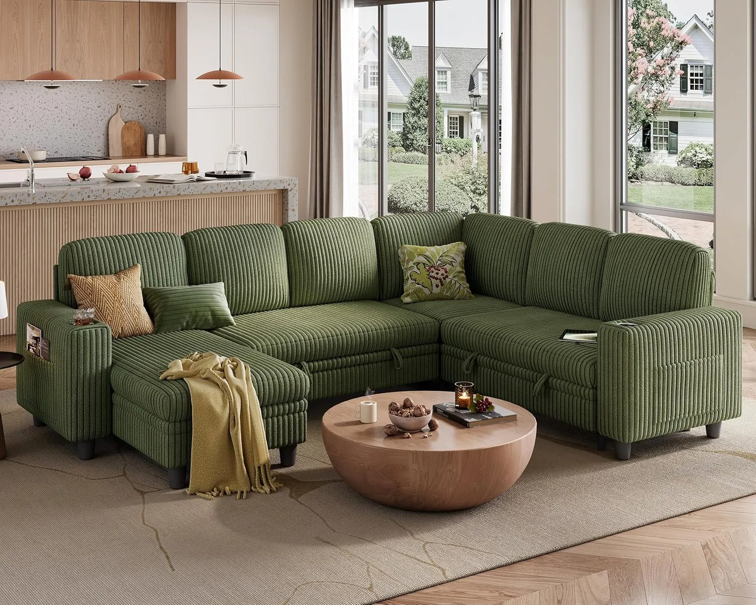 LINSY HOME Sectional Sleeper Sofa with Pull Out Couch Bed - Convertible Plush Corduroy Cloud Couch with Storage Chaise & USB Charging, Oversized Comfy Modular Couches for Living Room, Green