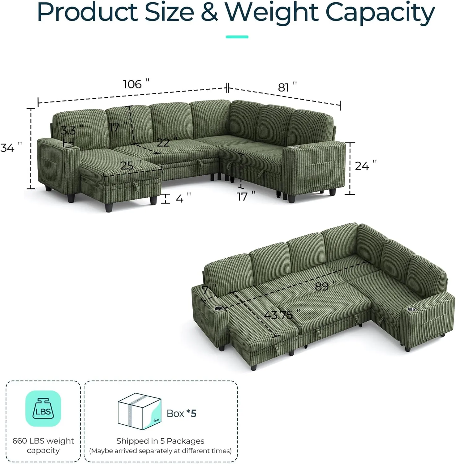 LINSY HOME Sectional Sleeper Sofa with Pull Out Couch Bed - Convertible Plush Corduroy Cloud Couch with Storage Chaise & USB Charging, Oversized Comfy Modular Couches for Living Room, Green