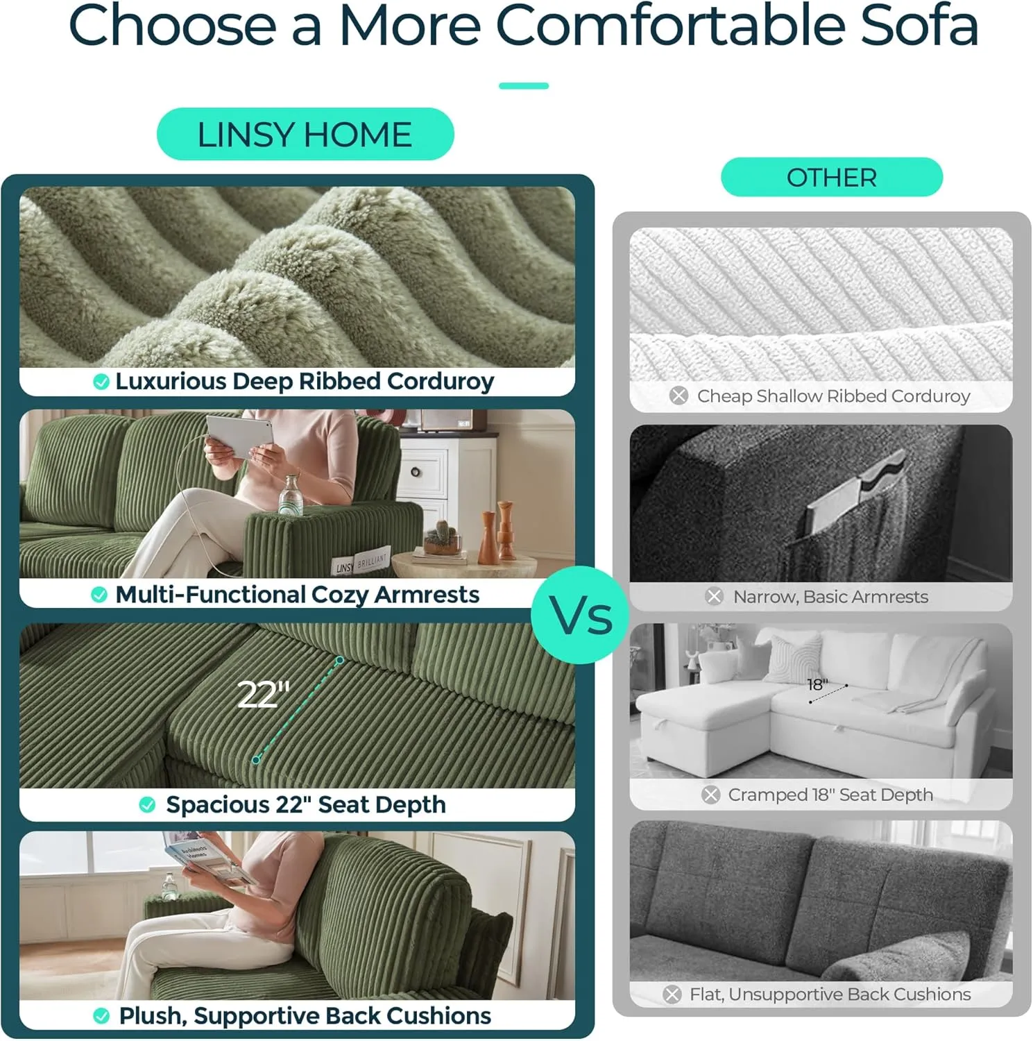 LINSY HOME Sectional Sleeper Sofa with Pull Out Couch Bed - Convertible Plush Corduroy Cloud Couch with Storage Chaise & USB Charging, Oversized Comfy Modular Couches for Living Room, Green