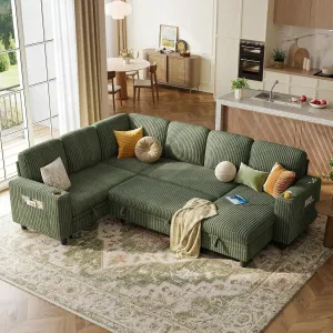 LINSY HOME Sectional Sleeper Sofa with Pull Out Couch Bed - Convertible Plush Corduroy Cloud Couch with Storage Chaise & USB Charging, Oversized Comfy Modular Couches for Living Room, Green