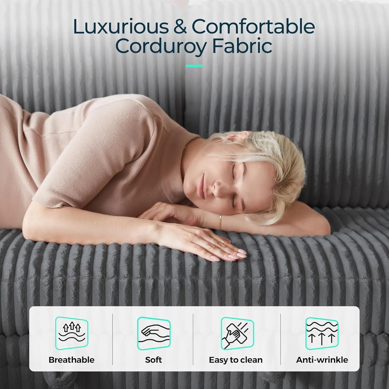 LINSY HOME Sectional Sleeper Sofa with Pull Out Couch Bed - Convertible Plush Corduroy Cloud Couch with Storage Chaise & USB Charging, Oversized Comfy Modular Couches for Living Room, Grey
