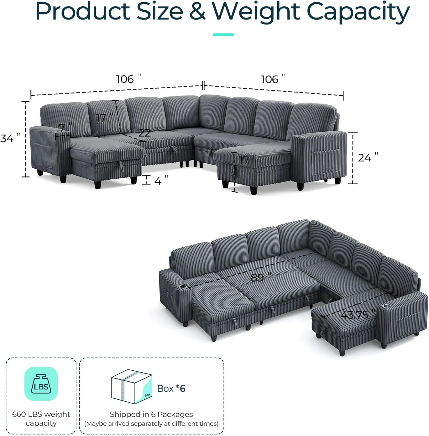 LINSY HOME Sectional Sleeper Sofa with Pull Out Couch Bed - Convertible Plush Corduroy Cloud Couch with Storage Chaise & USB Charging, Oversized Comfy Modular Couches for Living Room, Grey