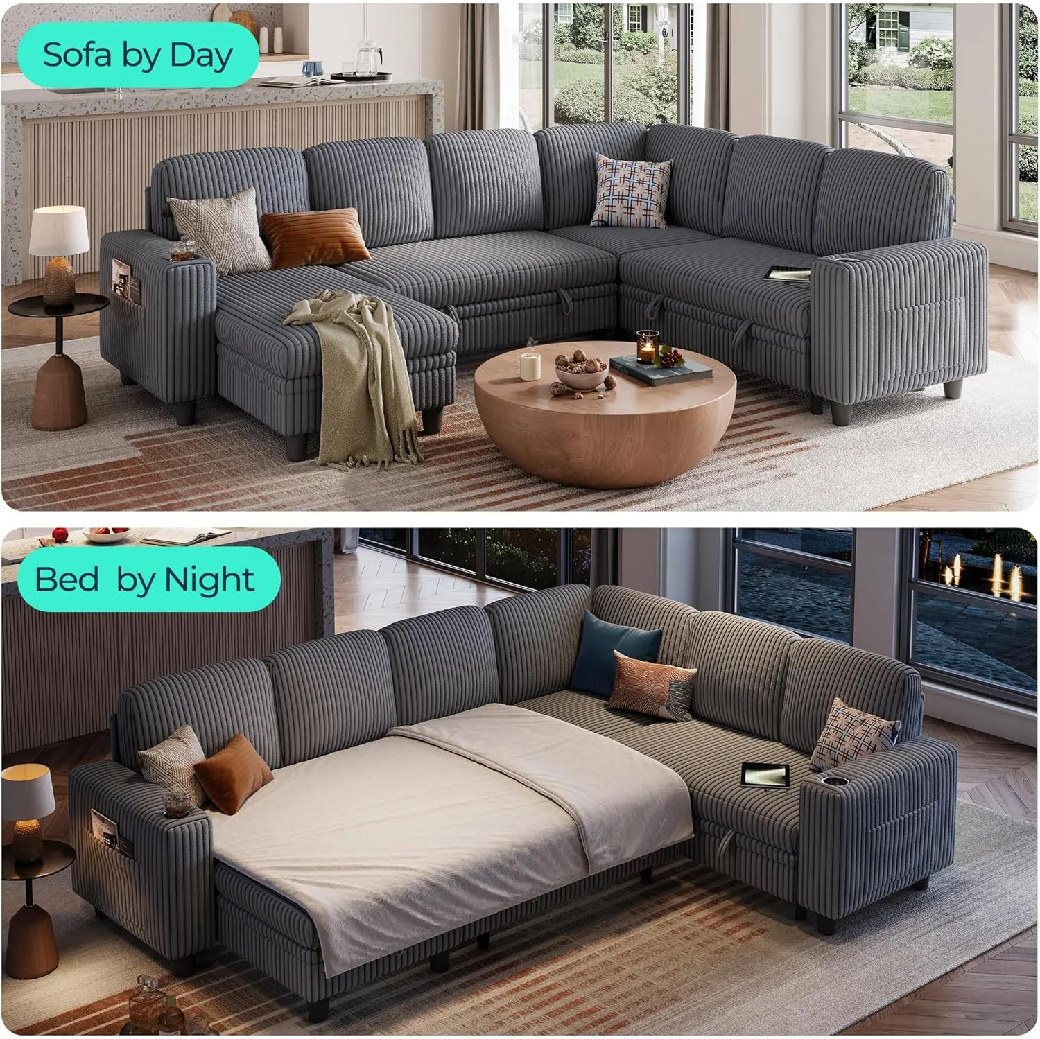 LINSY HOME Sectional Sleeper Sofa with Pull Out Couch Bed - Convertible Plush Corduroy Cloud Couch with Storage Chaise & USB Charging, Oversized Comfy Modular Couches for Living Room, Grey