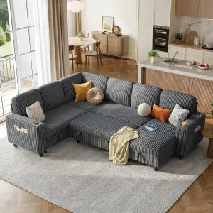 LINSY HOME Sectional Sleeper Sofa with Pull Out Couch Bed - Convertible Plush Corduroy Cloud Couch with Storage Chaise & USB Charging, Oversized Comfy Modular Couches for Living Room, Grey