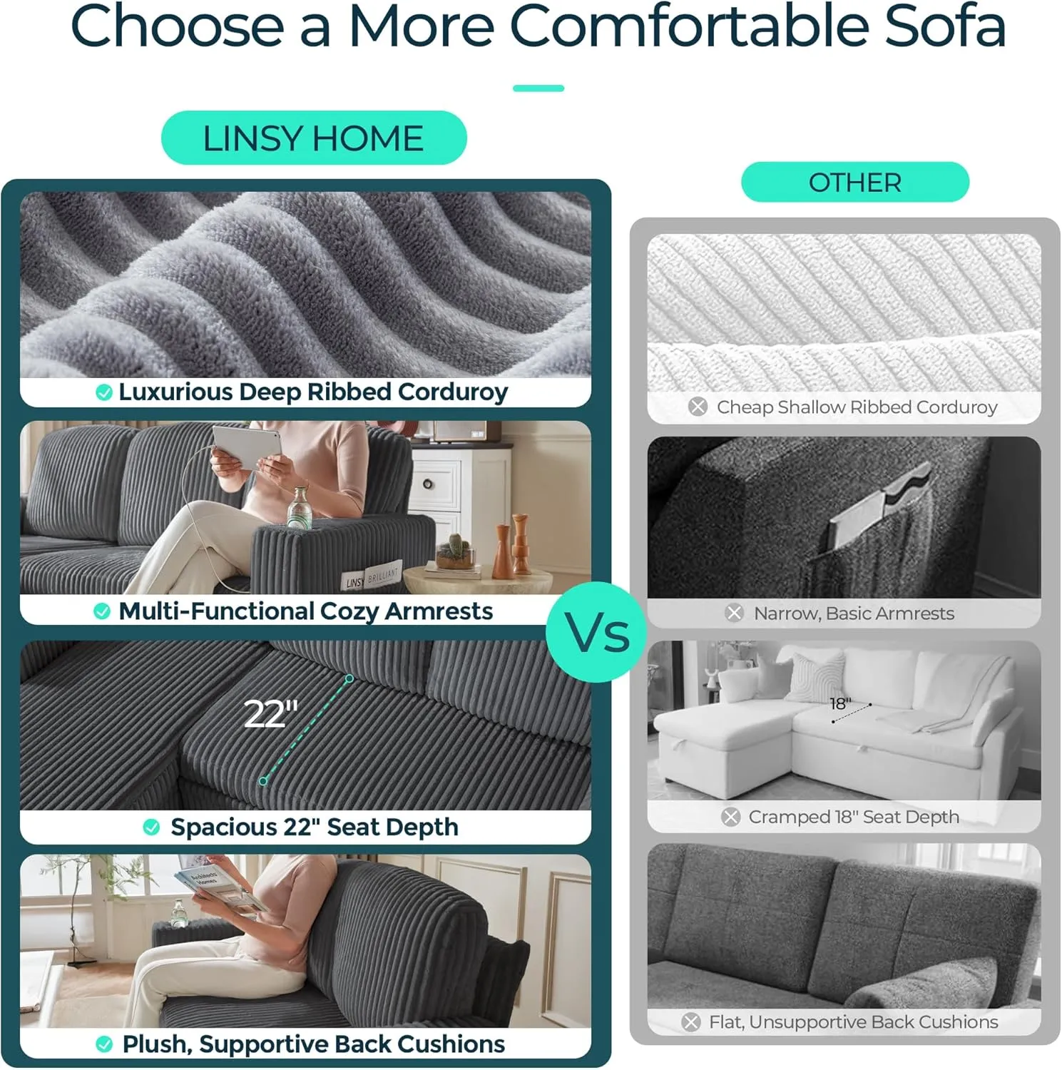 LINSY HOME Sectional Sleeper Sofa with Pull Out Couch Bed - Convertible Plush Corduroy Cloud Couch with Storage Chaise & USB Charging, Oversized Comfy Modular Couches for Living Room, Grey