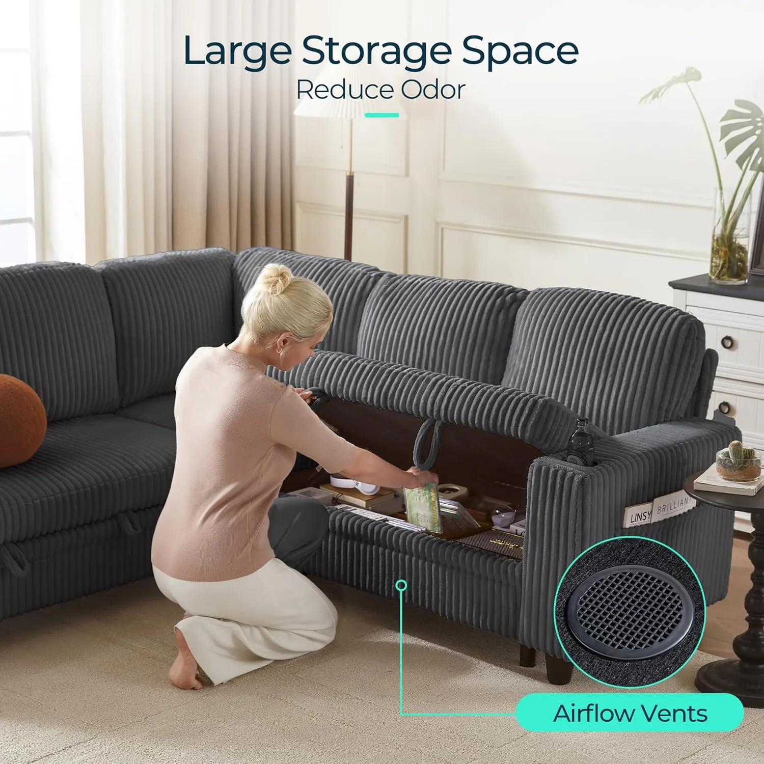 LINSY HOME Sectional Sleeper Sofa with Pull Out Couch Bed - Convertible Plush Corduroy Cloud Couch with Storage Chaise & USB Charging, Oversized Comfy Modular Couches for Living Room, Grey