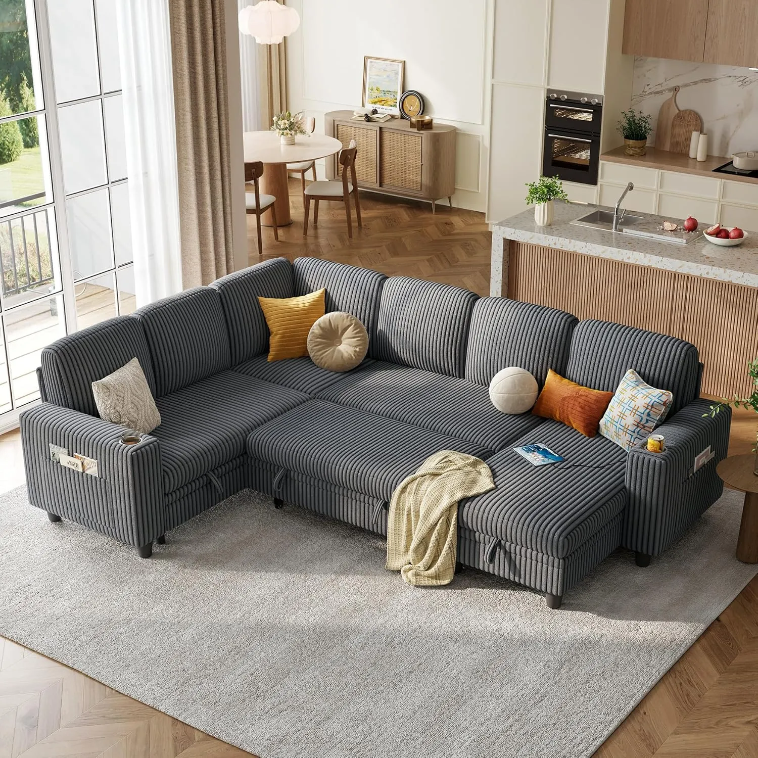 LINSY HOME Sectional Sleeper Sofa with Pull Out Couch Bed - Convertible Plush Corduroy Cloud Couch with Storage Chaise & USB Charging, Oversized Comfy Modular Couches for Living Room, Grey