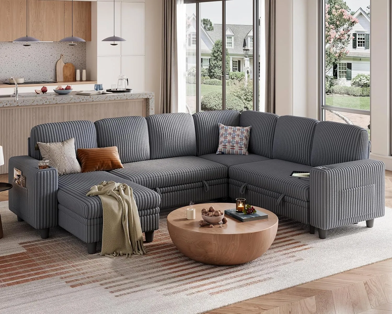 LINSY HOME Sectional Sleeper Sofa with Pull Out Couch Bed - Convertible Plush Corduroy Cloud Couch with Storage Chaise & USB Charging, Oversized Comfy Modular Couches for Living Room, Grey
