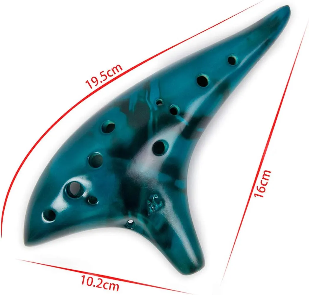 Lotmusic Ocarina, 12 Tones Alto C Ceramic Musical Instrument, C Major Key, Includes Song Book, Neck Strap, Carry Bag, Polished Finish - Blue